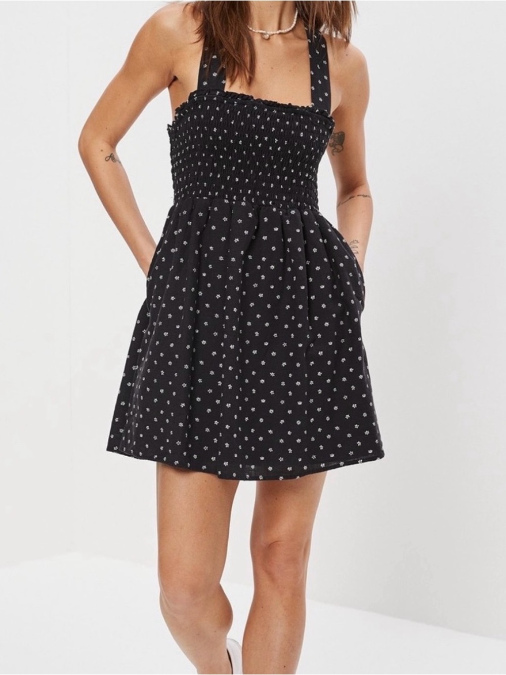 GUC AE Black Smocked Sundress with Mini Floral Print size XS